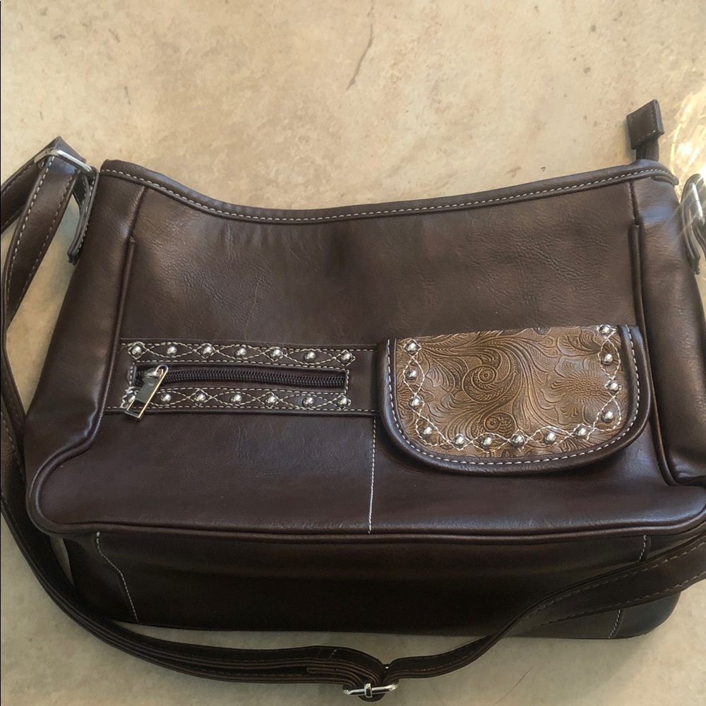 Brown Women's Shoulder Bag with Decorative Studded Flap